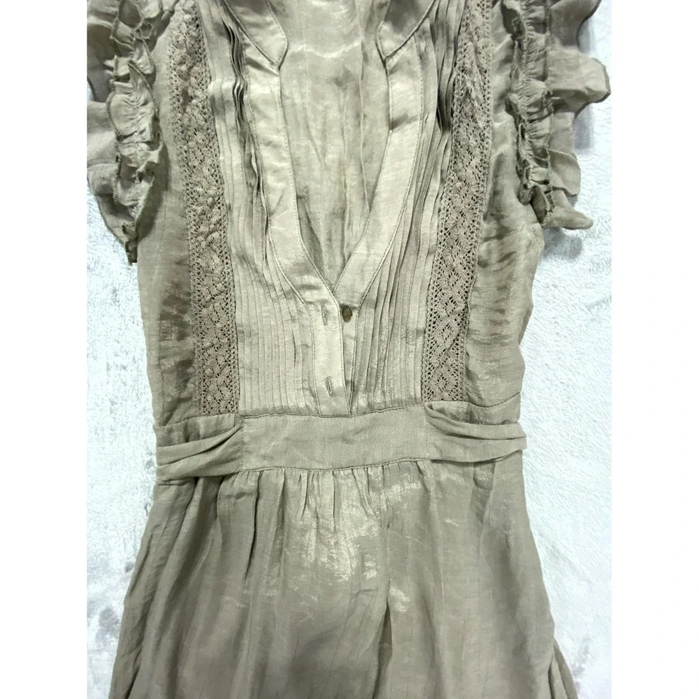 Body Central Mini Dress Womens Olive Pleated Ruffled Sleeves V-Neck Tie Waist - Picture 2 of 8